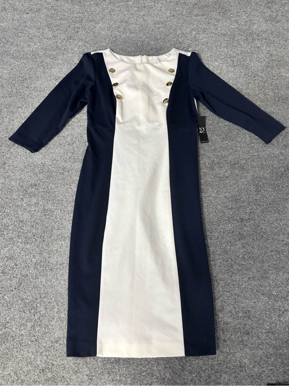 New York & Company Navy and White Colorblock Midi Dress with Gold Buttons